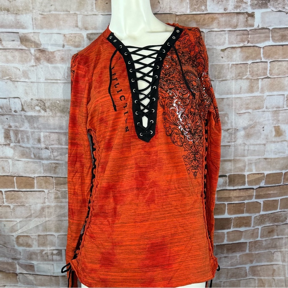 Affliction Women’s Graphic Long Sleeve Lace Up Top -Size: L/2XL -NWT